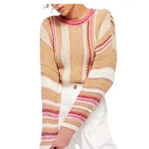 Free People Stripe Knit Long Sleeve Cropped Show Me Love Crew Neck Sweater